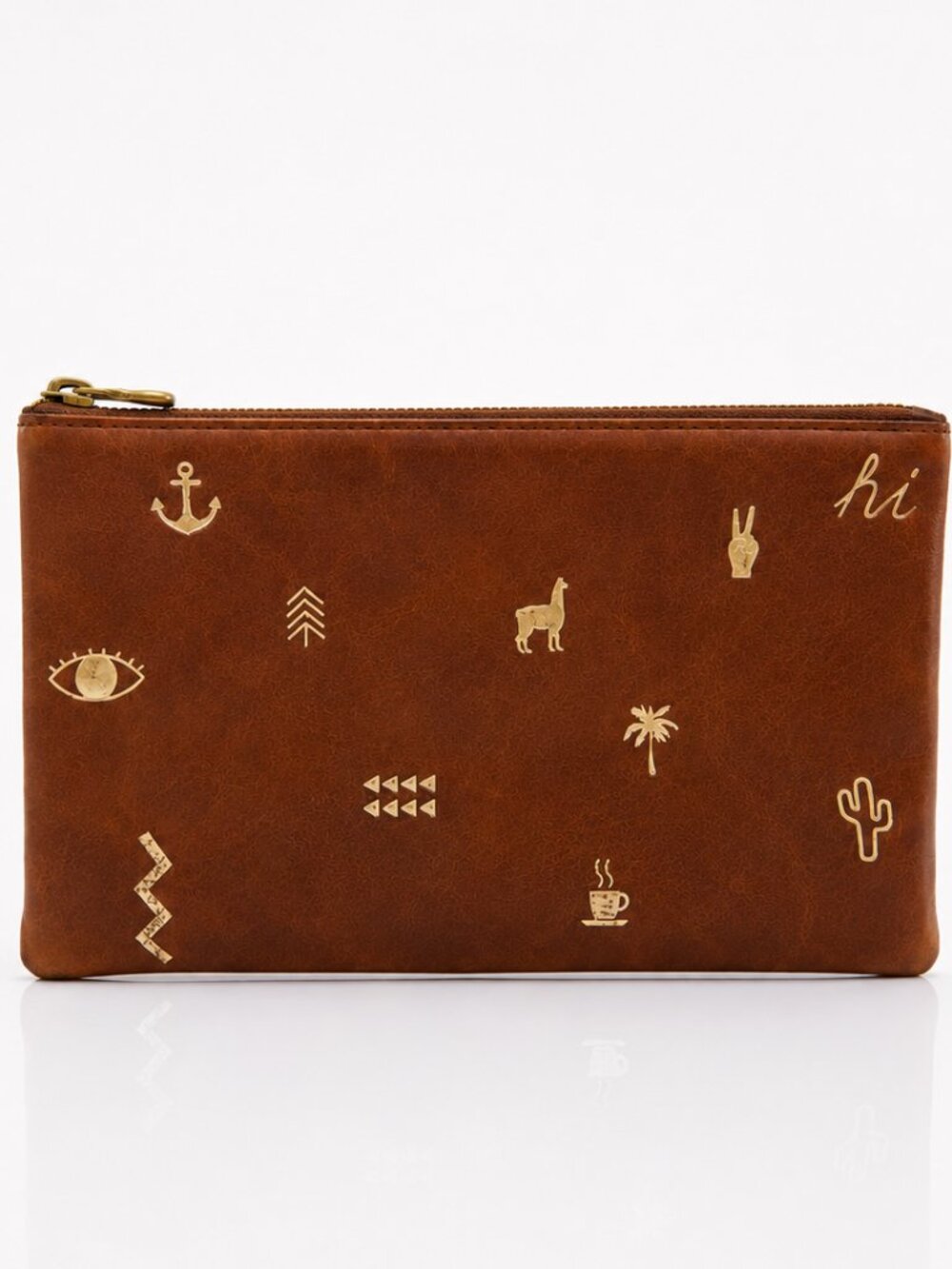 MADEWELL Leather Pouch Gold Southwest Symbols Chestnut Brown NWT